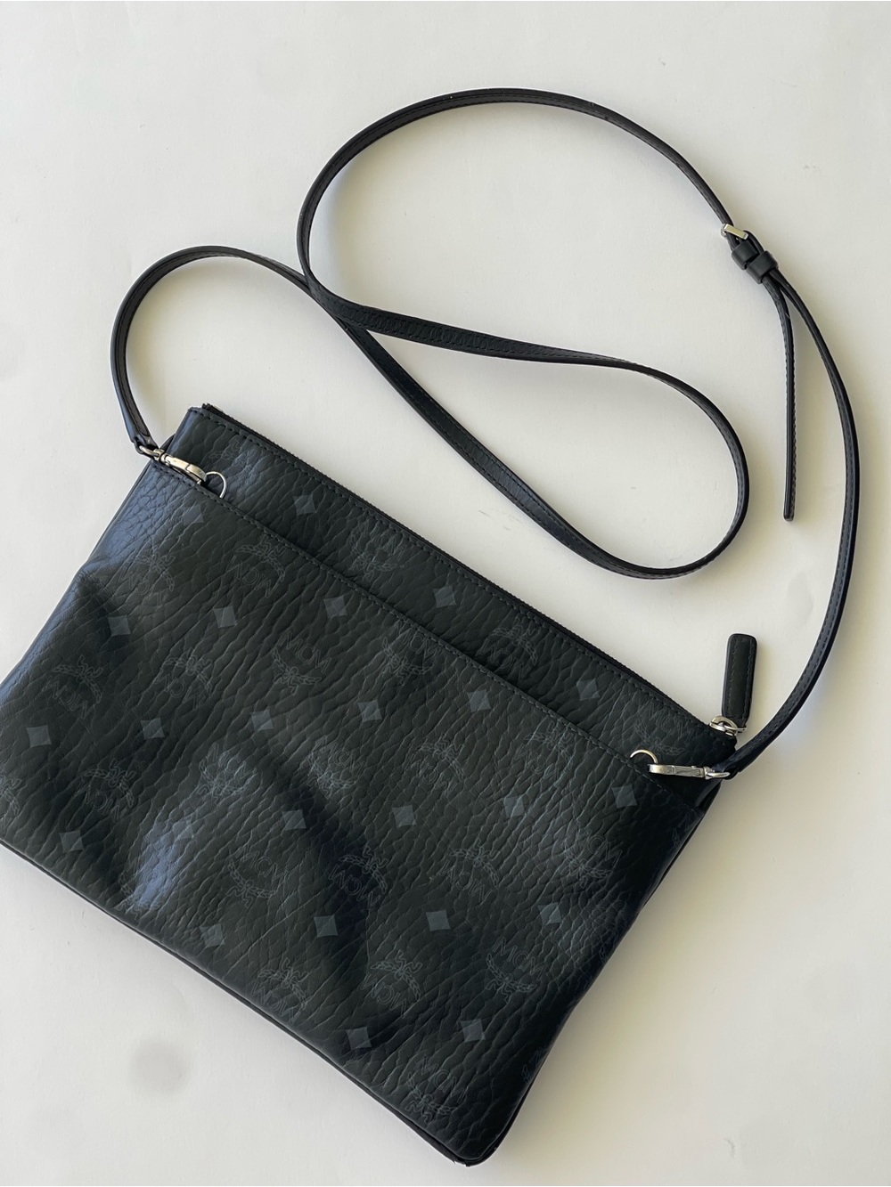 MCM Medium Black Crossbody Bag Silver Hardware Black Leather Signature Pattern